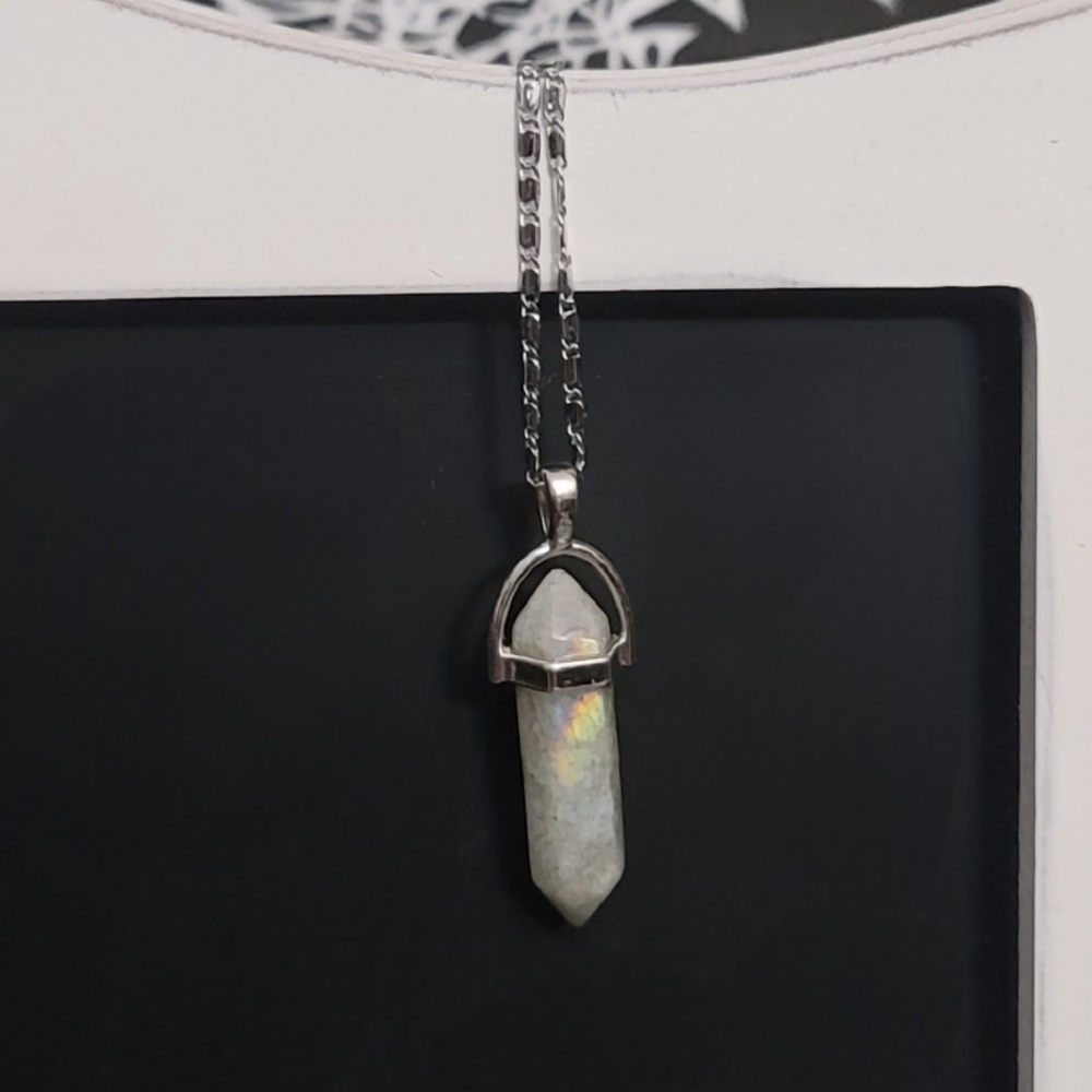 Labradorite Point Pendant Necklace Rainbow Flash